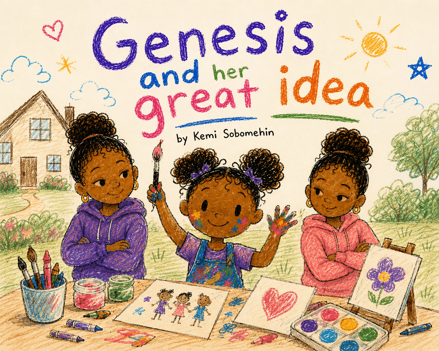 Three sisters stand behind a table covered in crayons, paint jars and drawings, outside their house. Genesis is in the middle holding up a paintbrush and a hand covered in paint. The title, Genesis and her great idea, is drawn above them in crayon.