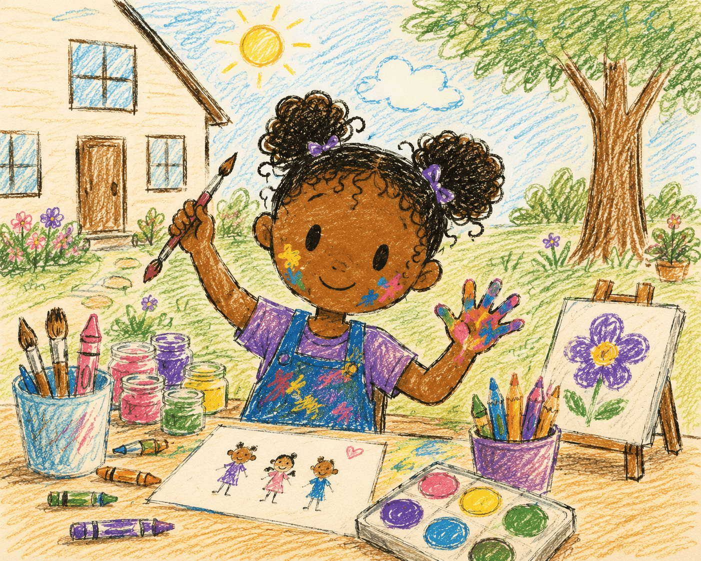 Genesis sits at a table in the front yard with paint on her hands and cheeks, holding a paintbrush in the air. In front of her is a drawing of three tiny people and an open box of paints.