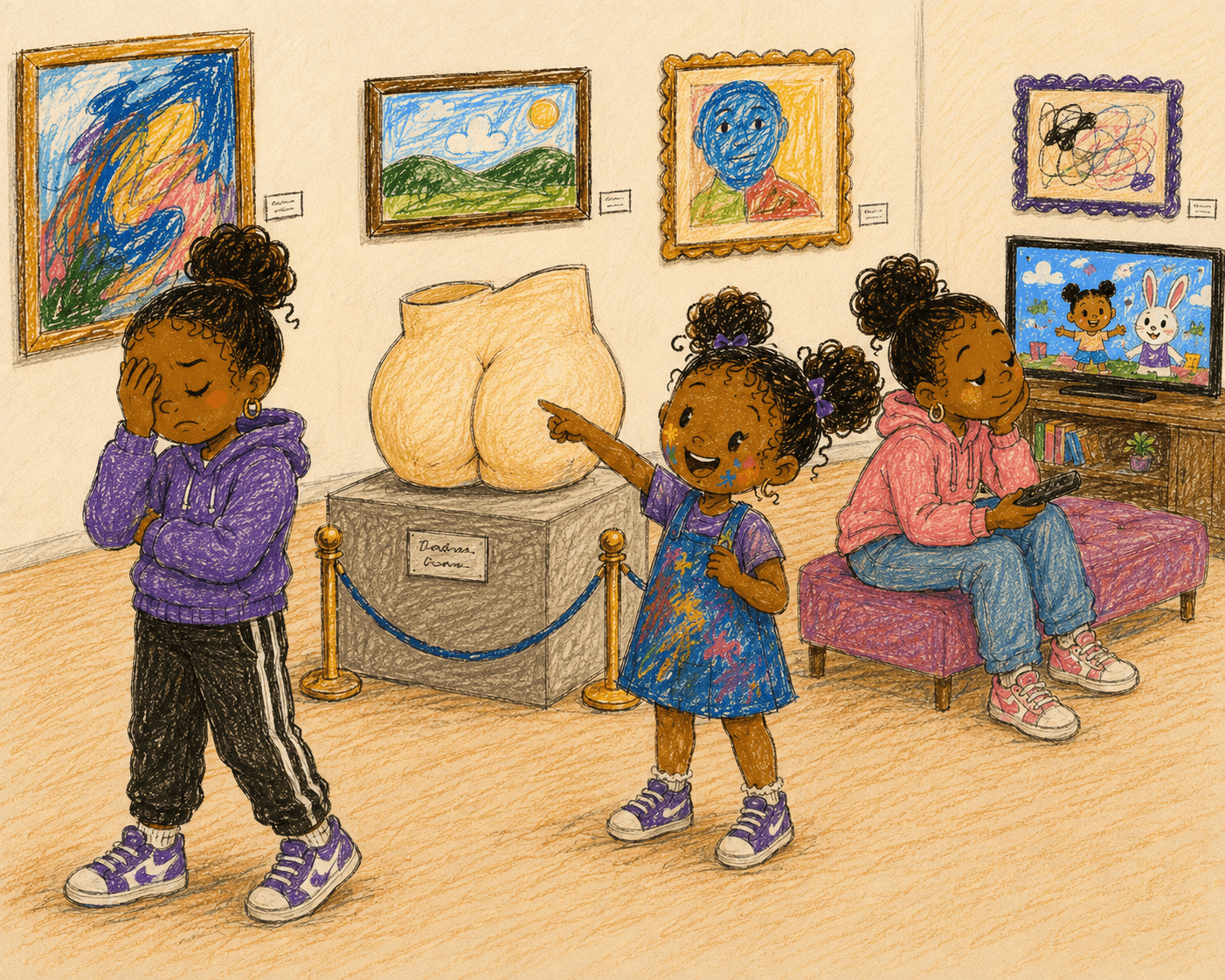 Inside a museum, Genesis points at a large sculpture of a bottom on a stone plinth. One sister covers her eyes with her hand. The other sits on a bench holding a remote, watching a cartoon on a television.