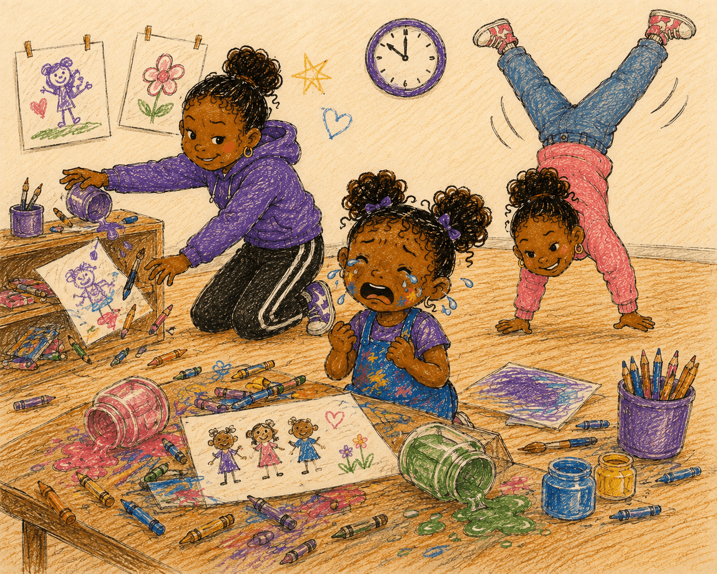 The art station is wrecked. Paint jars are tipped over and crayons are scattered across the table and floor. Genesis kneels in the middle and cries. One sister tips a jar of paint onto a drawing and the other does a handstand behind her.