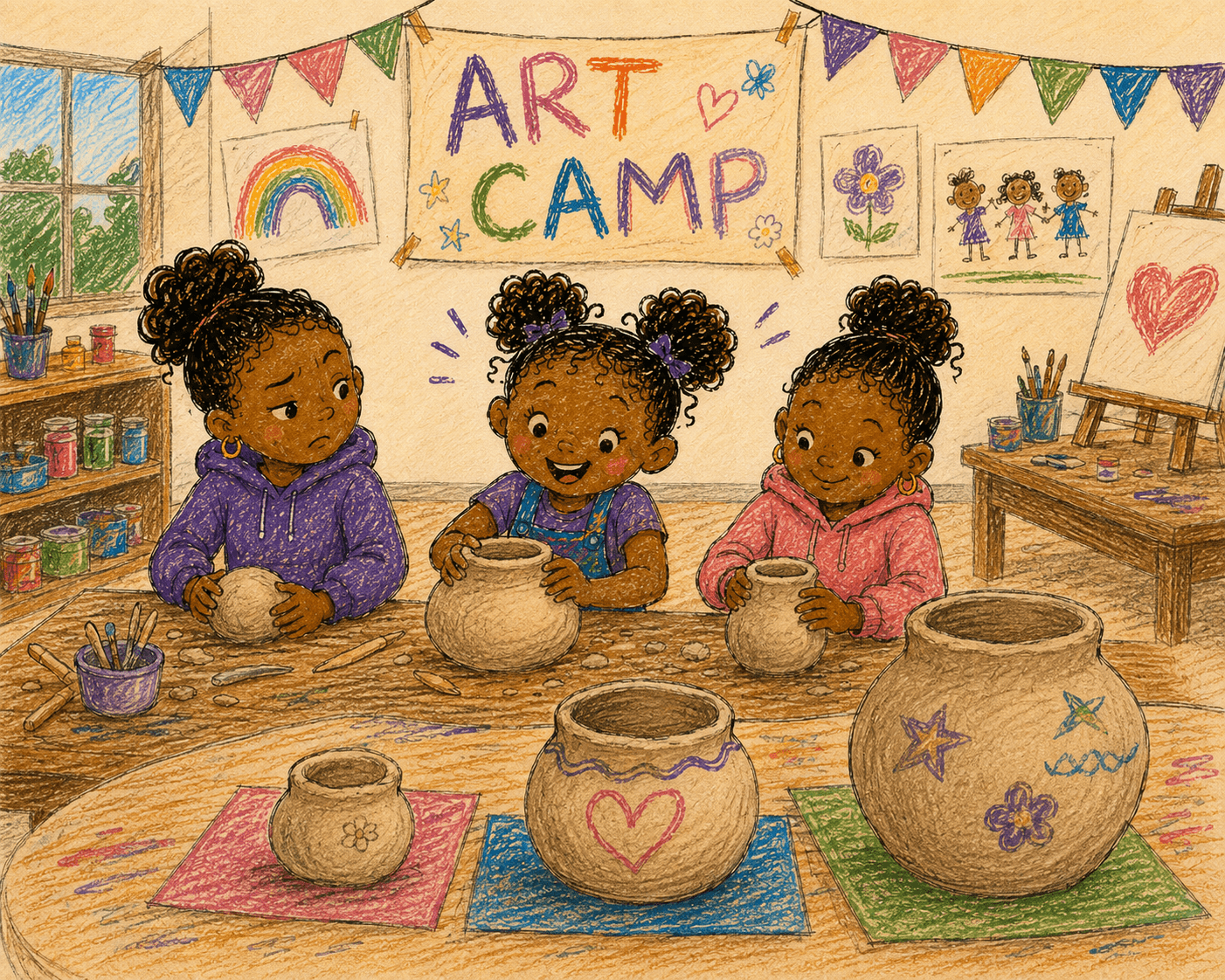 Three sisters sit at a table under a banner that reads Art Camp, each shaping a clay pot with their hands. Three finished pots stand in front of them in three sizes, small, medium and large.