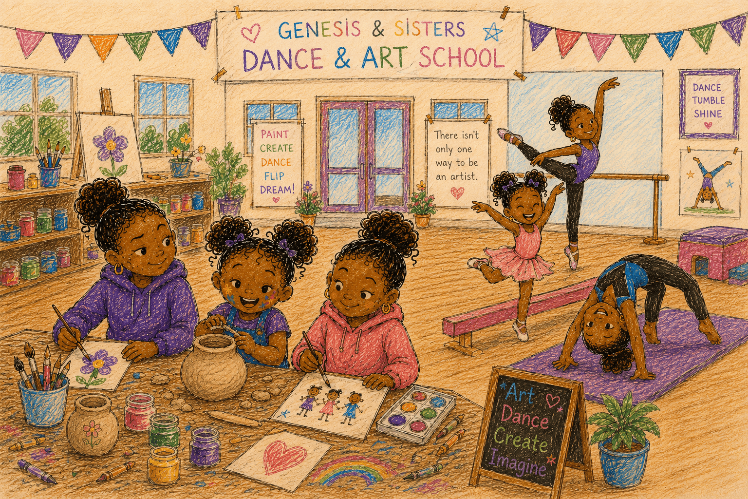 A busy studio under a banner that reads Genesis and Sisters Dance and Art School. On the left, three girls paint and build a pot at a long table. On the right, others dance in a tutu, balance at a ballet barre and hold a backbend on a mat.